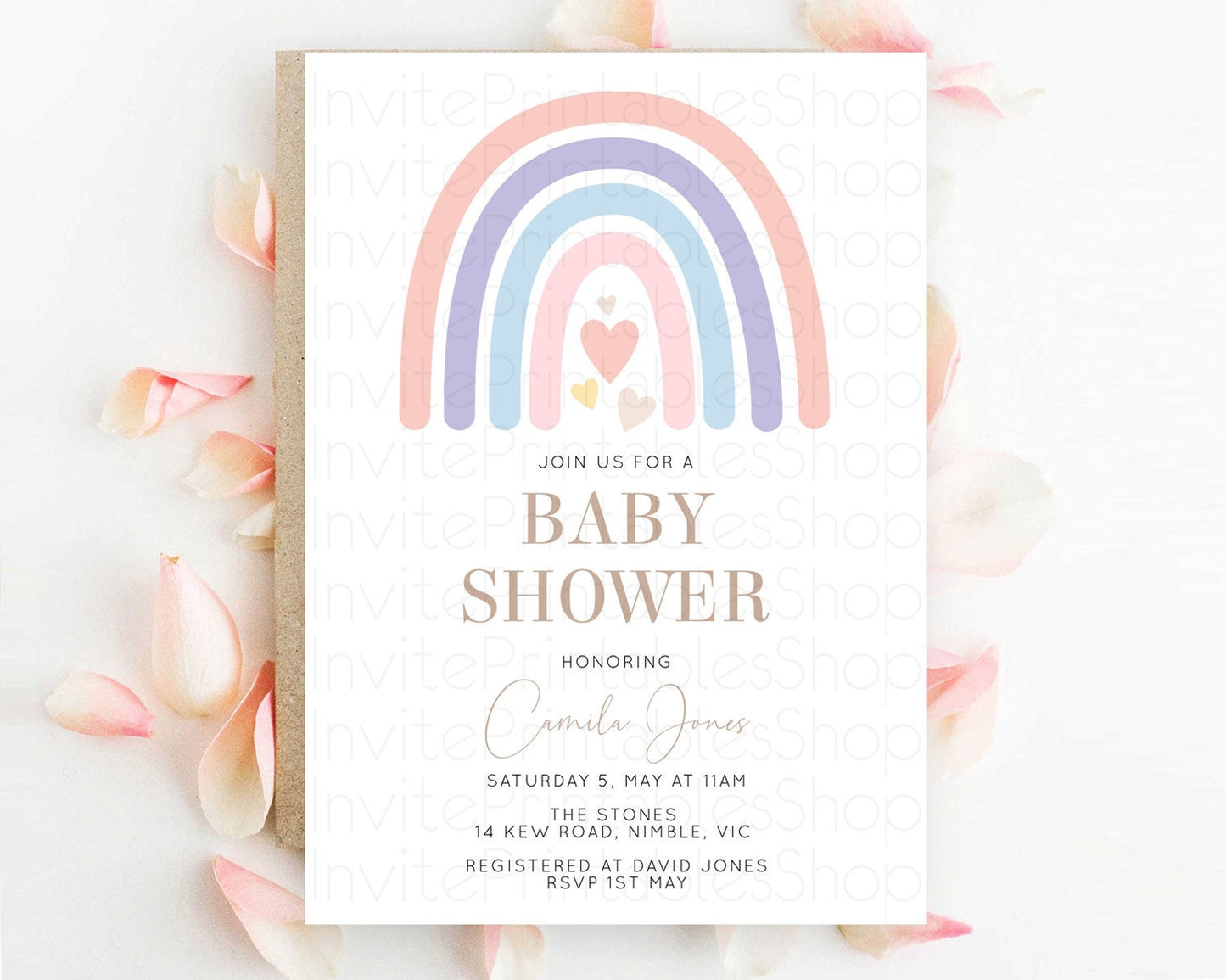 Pastel Rainbow Baby Shower Invitation Boho Rainbow with Cute Hearts - Pastel Colors Pink, Purple, Blue Perfect for Gender Reveal D10788