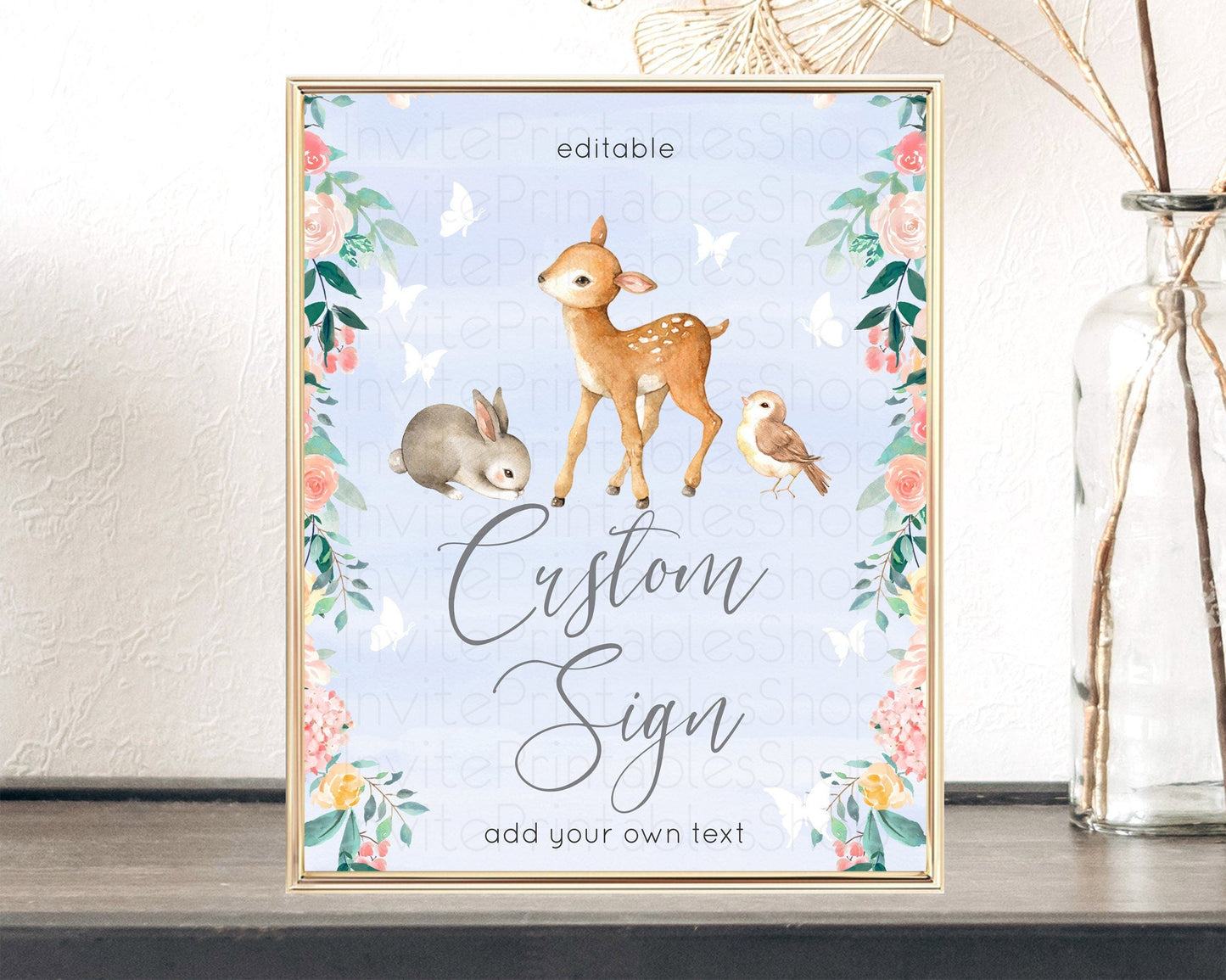 Fawn Deer Sign Pastel Floral Deer Table Sign Decor Enchanted Forest Butterfly Party 1st Birthday Baptism Baby Shower Bridal Shower D10920