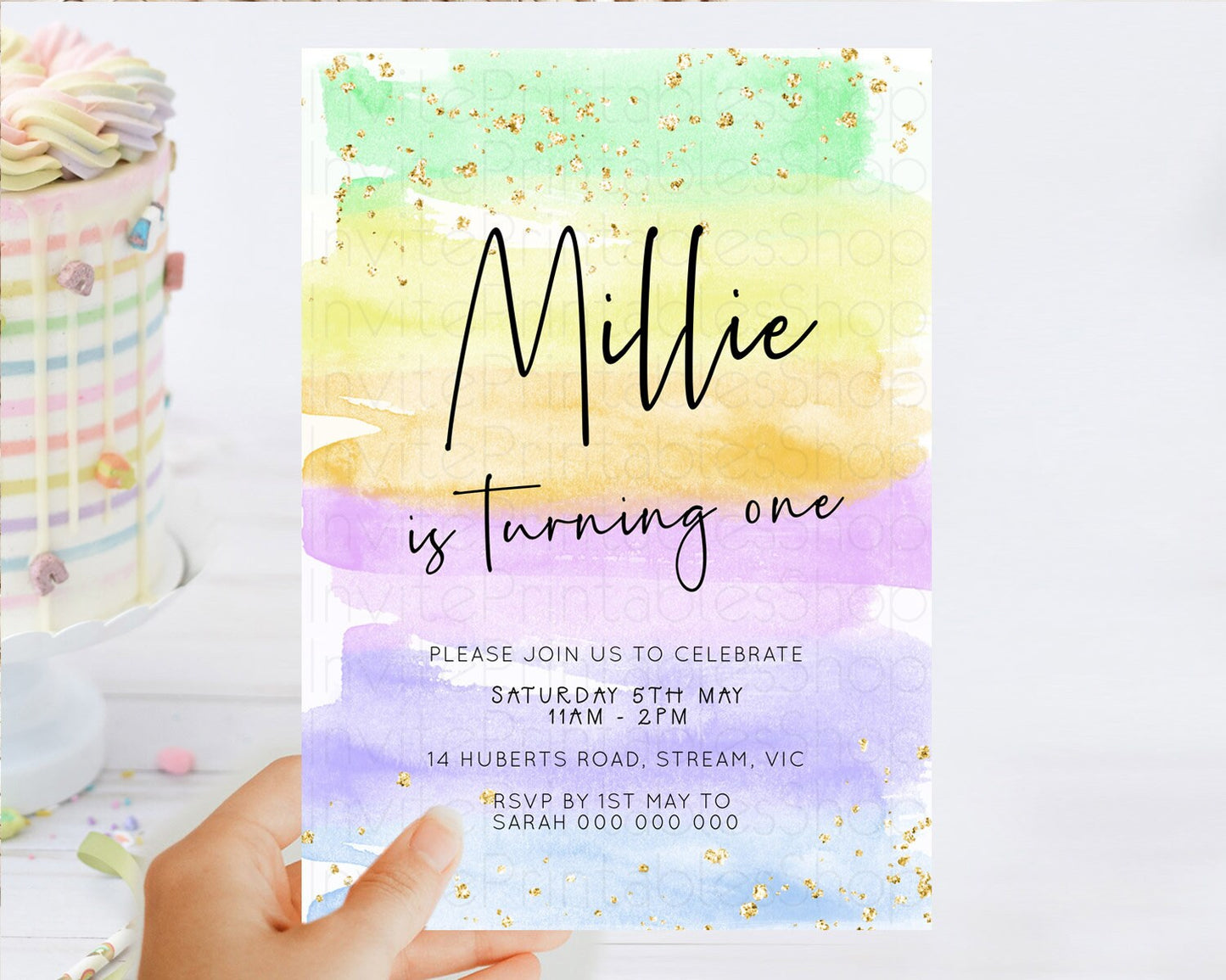 Pastel Birthday Invitation Ombre Watercolor Birthday Invitation Glitter Rainbow Color Splash 1st 2nd 3rd Birthday Invitation D23044