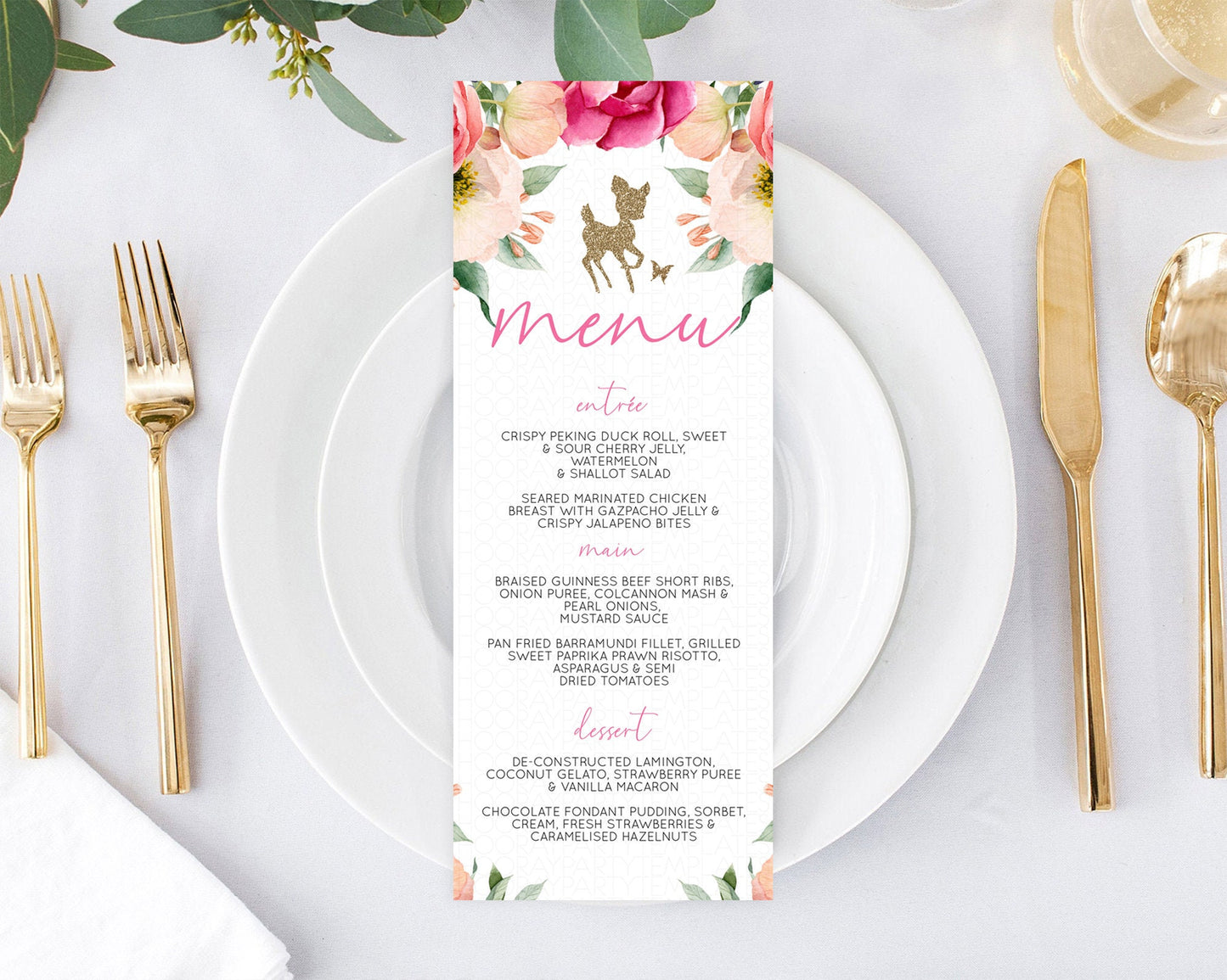 Fawn Menu Deer Menu Template Pastel Floral Deer Table Decor Enchanted Forest Butterfly Floral Dinner Dessert Menu Party Food Menu D10326