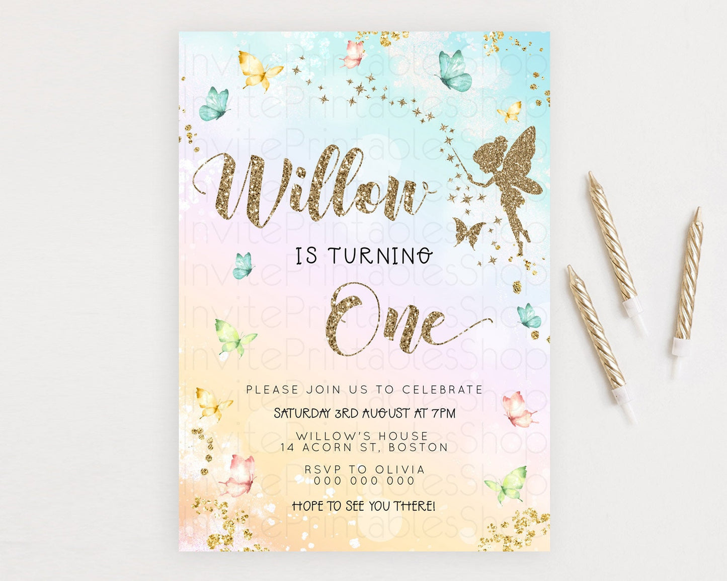 Pastel Fairy Birthday Invitation Pastel Butterflies Fairy Birthday Invitation Rainbow Ombre Watercolor 1st 2nd Birthday Invitation D23152