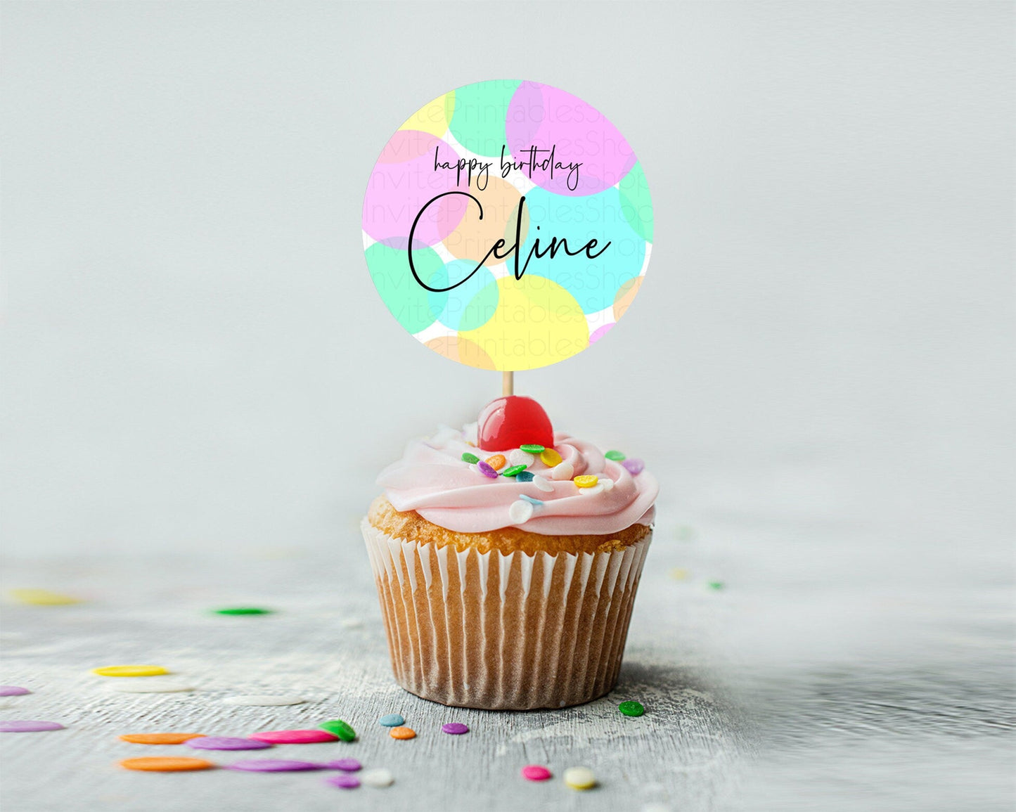 Pastel Cupcake Toppers Pastel Confetti Cupcake Topper Bubbles Sprinkles Colorful Rainbow Confetti Cupcake First Birthday Party Decor D10409