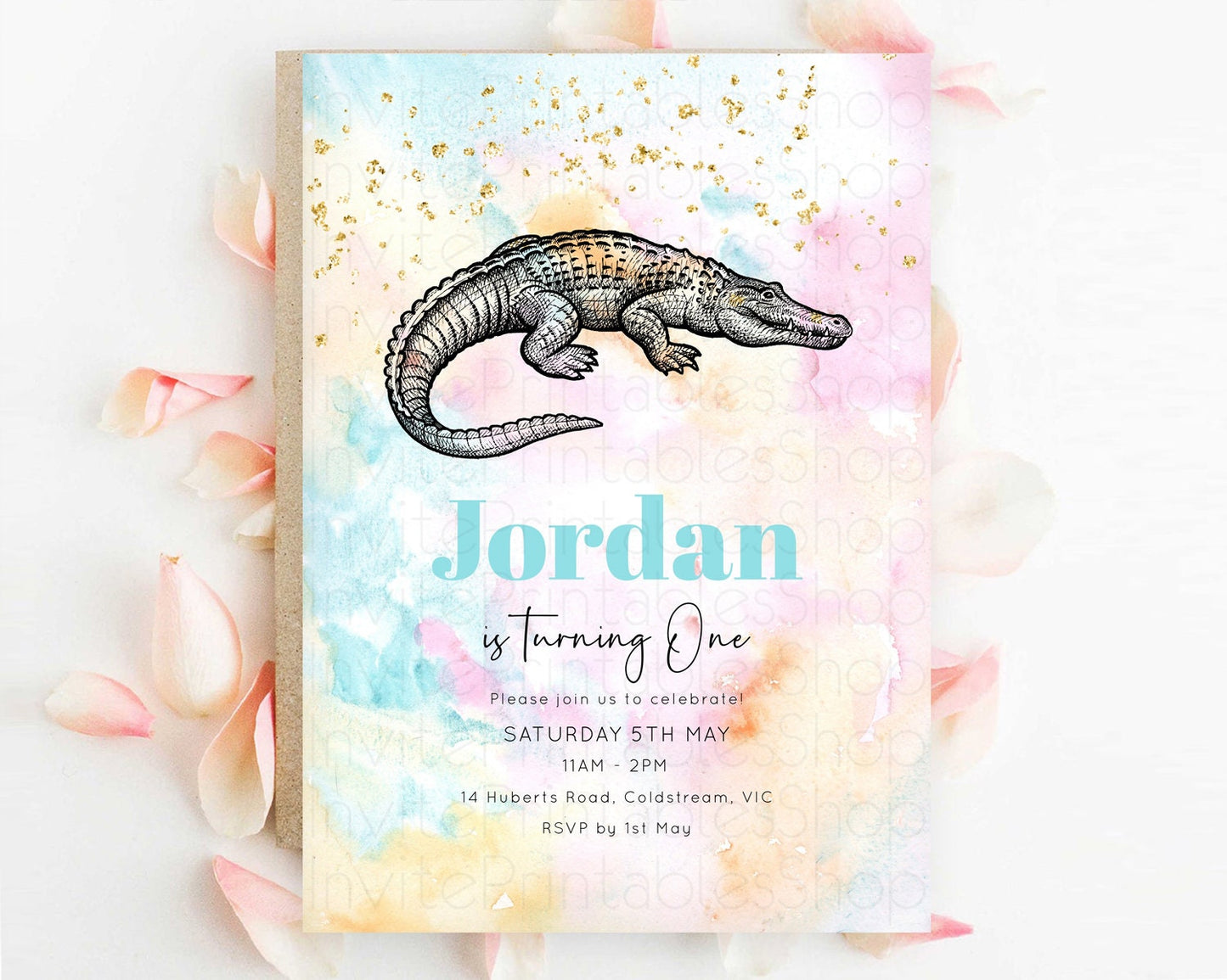 Crocodile Birthday Invitation Alligator Invitation Pastel Swamp Watercolor Alligator Crocodile Invitation Rainbow Gator Invite D10285