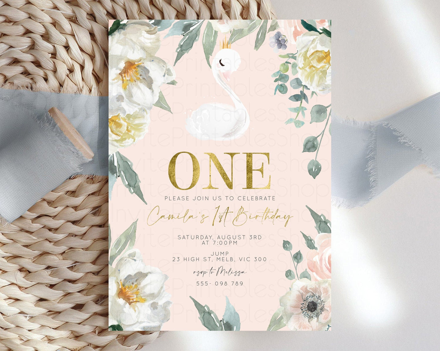 Swan Birthday Invitation White Floral Birthday Invitation Swan Princess Invite Ballet Swan Princess Invite Enchanted Garden Invite s102