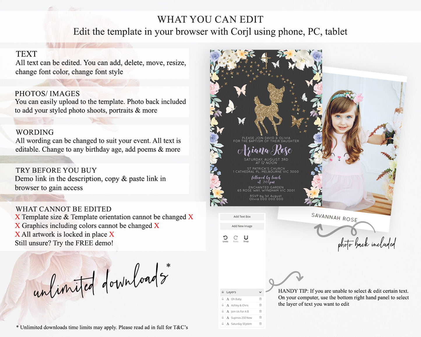 Fawn Baptism Invitation Deer Baptism 1st Birthday Invitation Enchanted Forest Christening Invitation Pastel Garden Butterfly Floral D10880