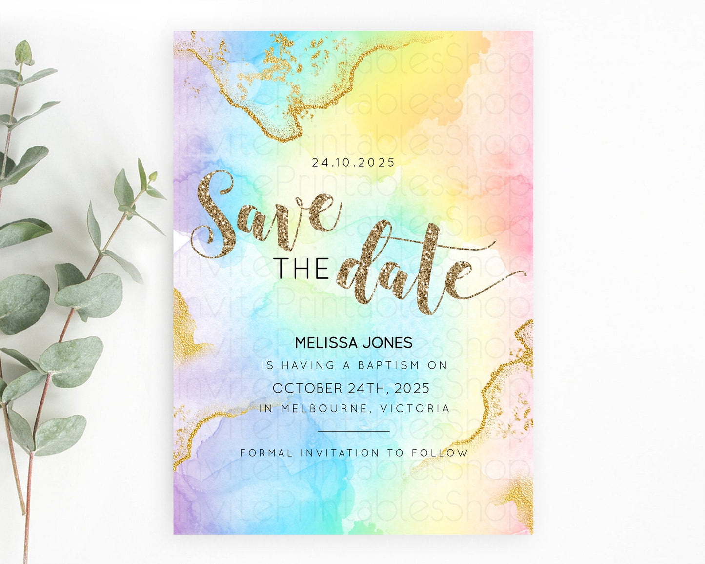 Pastel Save The Date Template Pastel Ombre Rainbow Watercolor Colorful Party For Birthday Baptism Baby Shower Wedding Bridal Shower D10589