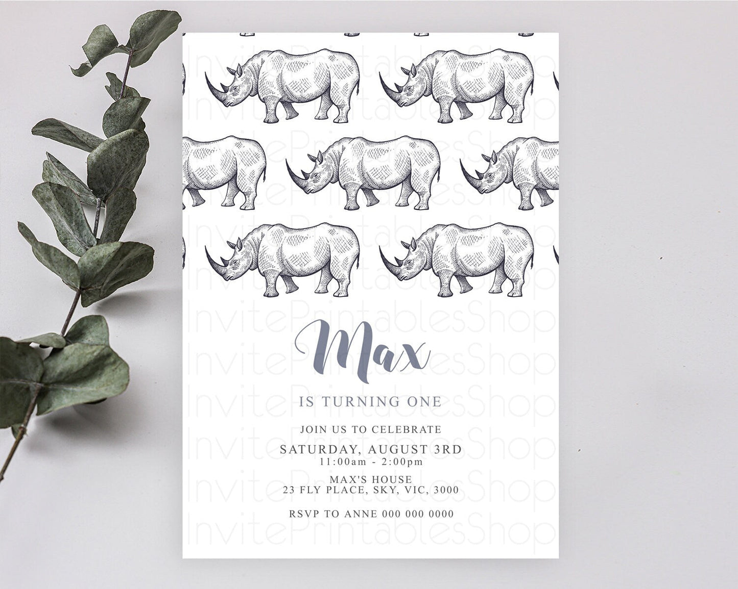 Rhino Birthday Invitation Rhino Invitation Rhino Birthday Rhino Safari Adventure Invite Rhino Palm Leaf Invite Zoo Party D10253