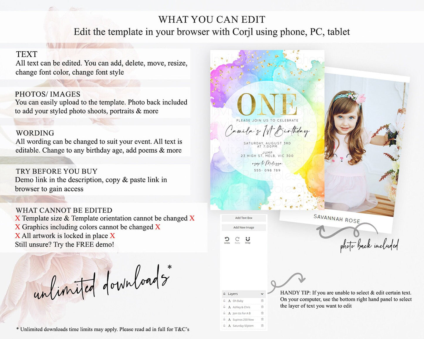 Rainbow Birthday Invitation Colorful Pastel Watercolor Invitation Gold Glitter Sprinkles Ombre Pastel 1st 2nd 3rd Birthday D10213