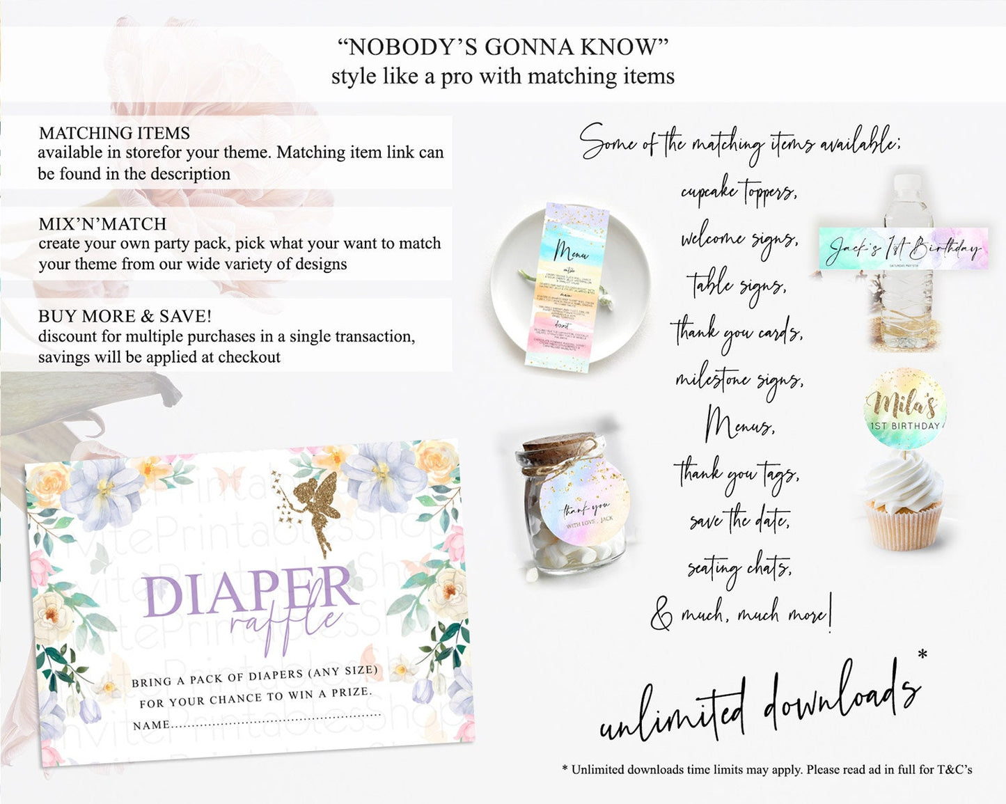 Fairy Diaper Raffle Card Fairy Diaper Insert Enchanted Garden Fairy Diaper Ticket Pastel Floral Butterfly Secret Garden Raffle Game D10474