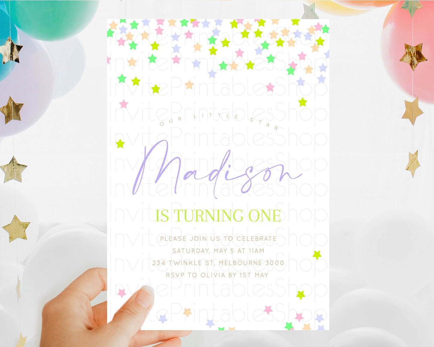 Star Birthday Invitation Pastel Stars Invite Shooting Star Party Rainbow Colorful Confetti Twinkle Little Star 2nd First Birthday D10396