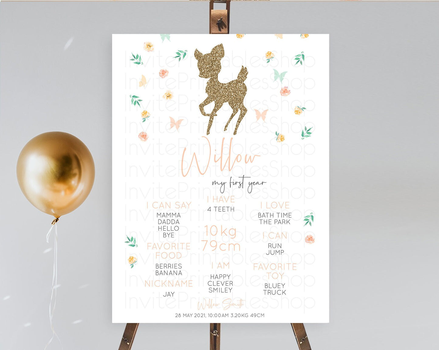 Fawn First Birthday Milestone Board Deer First Birthday Milestone Poster Enchanted Forest Butterfly Pastel Flowers 1st Birthday Sign D10355