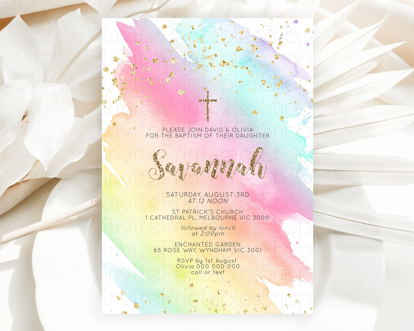 Pastel Baptism Invitation Pastel Colors Watercolor Baptism 1st Birthday Party Gold Ombre Pastel Rainbow Christening Holy Communion D10495