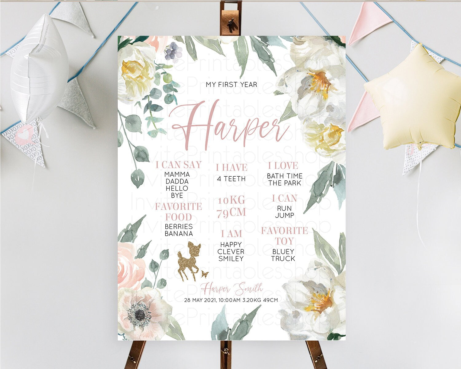 Editable Fawn First Birthday Milestone Board Deer First Birthday Milestone P