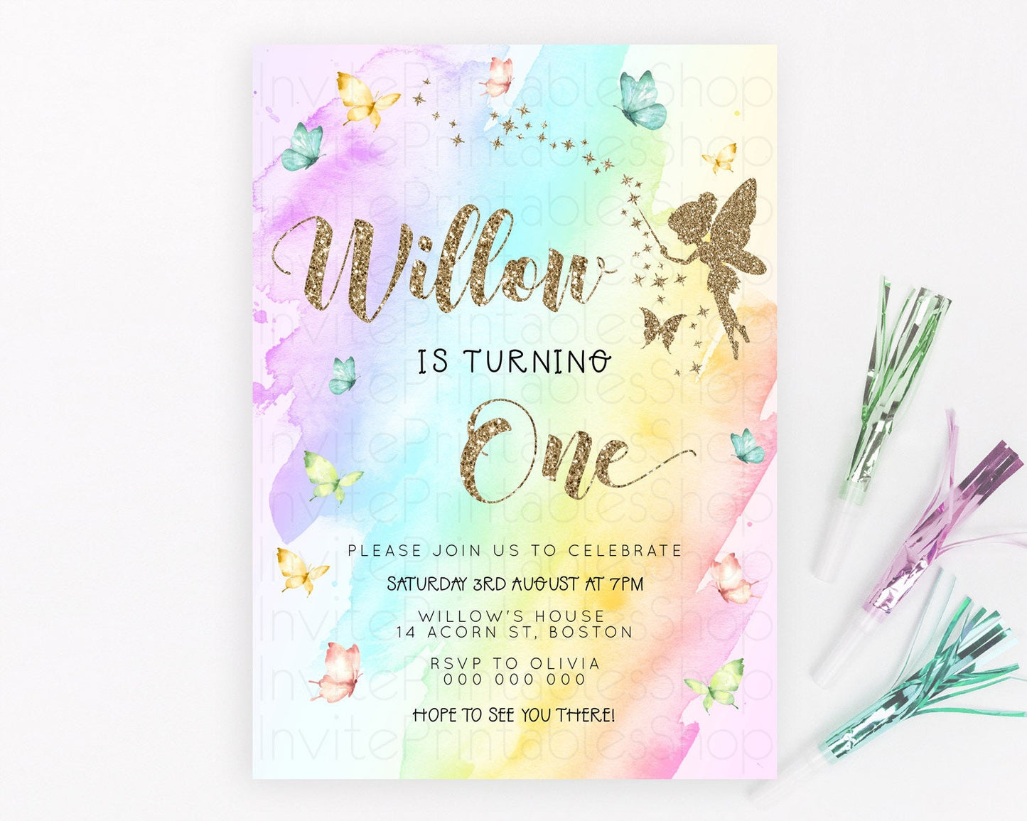 Pastel Fairy Birthday Invitation Pastel Butterflies Fairy Birthday Invitation Rainbow Ombre Watercolor 1st 2nd Birthday Invitation D23333