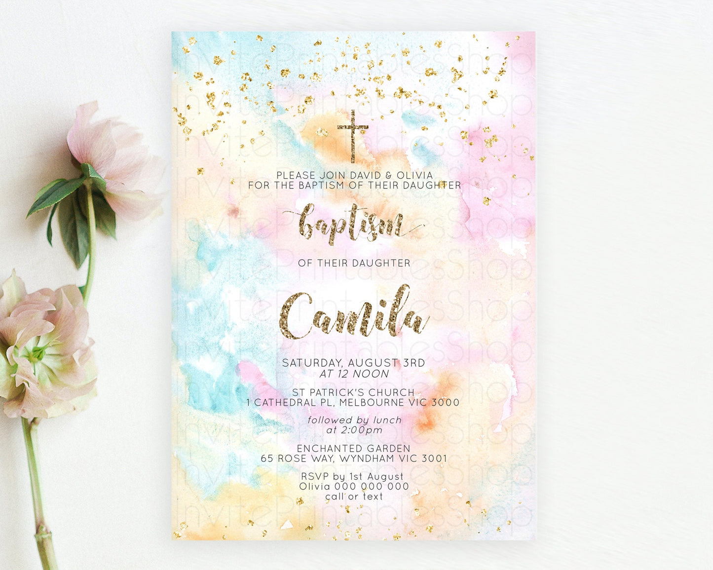 Pastel Baptism Invitation Pastel Colors Watercolor Baptism 1st Birthday Party Gold Ombre Pastel Rainbow Christening Holy Communion D10548