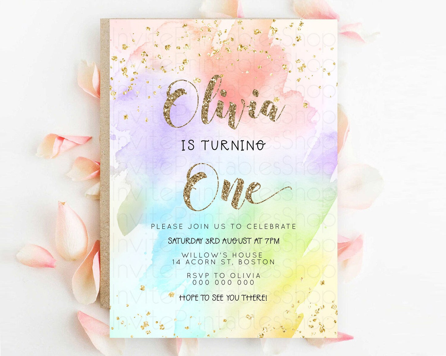 Rainbow Birthday Invitation Colorful Pastel Watercolor Invitation Gold Glitter Sprinkles Ombre Pastel 1st 2nd 3rd Birthday D23302