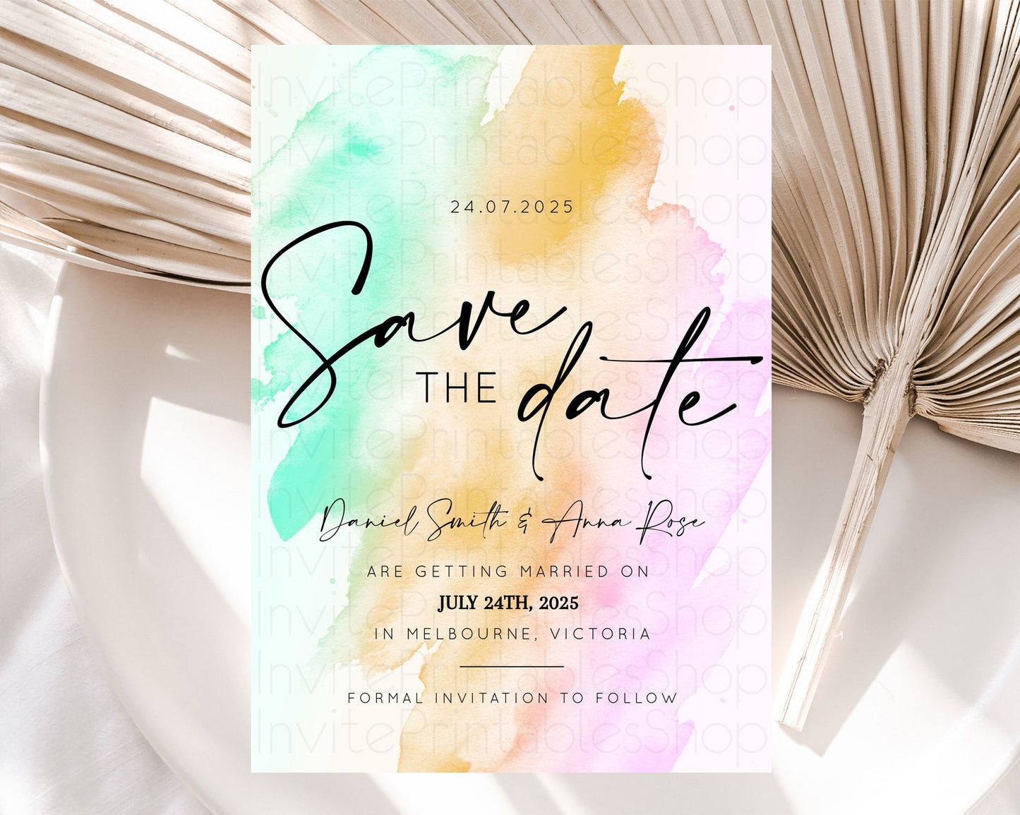 Pastel Save The Date Template Pastel Ombre Rainbow Watercolor Colorful Party For Birthday Baptism Baby Shower Wedding Bridal Shower D10962