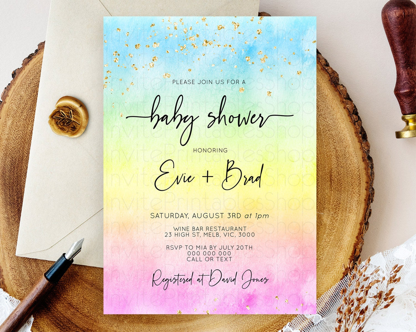 Pastel Baby Shower Invitation Rainbow Baby Shower Invitation Colorful Pastel Watercolor Invitation Gold Glitter Sprinkles Ombre D10480