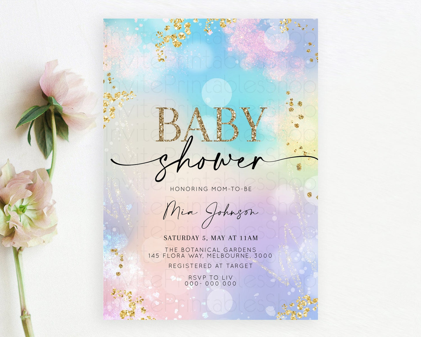 Pastel Rainbow Baby Shower Invitation, Pastel Watercolor with Iridescent Confetti Glitter Sprinkles - Colorful Blue, Purple, Yellow D10675