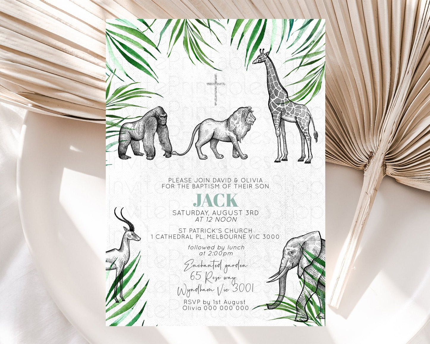Safari Baptism Invitation Safari Adventure Baptism Birthday Invitation Lion Gorilla Elephant Rhino Tropical Palm Jungle Adventure D10853