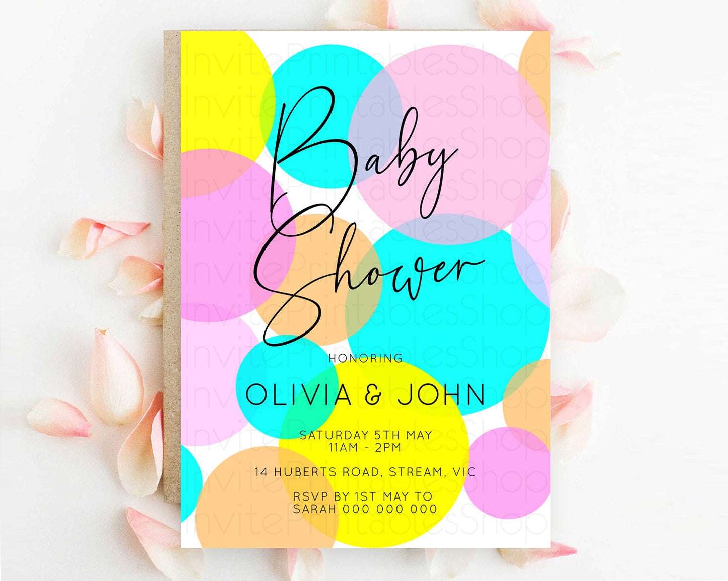 Pastel Rainbow Baby Shower Invitation, Colorful Confetti, Sprinkles, Bubbles, Pastel Blue, Pink, Orange, Yellow Theme Gender Reveal D10896