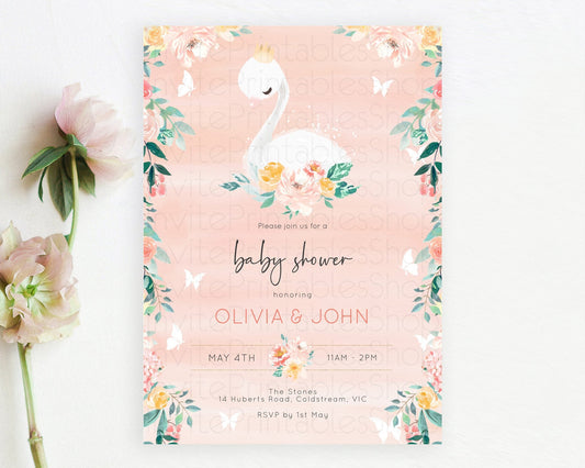 Swan Baby Shower Invitation, Swan Lake Princess Ballet, Secret Garden, Watercolor, Pastel Floral, Pink Orange Flowers, Butterflies D10884