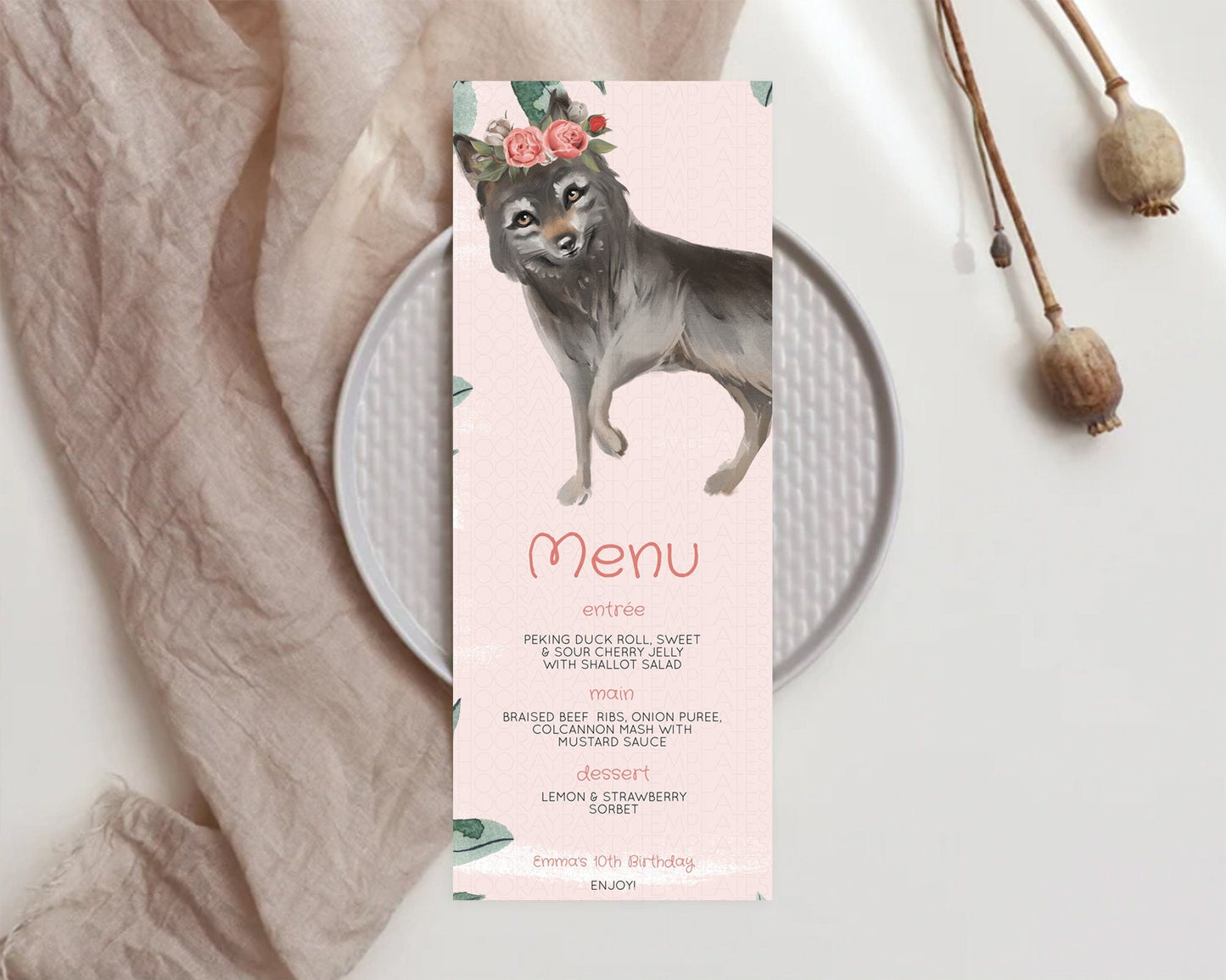 Wolf Menu Wolf Menu Template Pastel Floral Wolf Table Decor Forest Wolf Party Decor Wolf Dinner Dessert Menu Wolf Party Food Menu D10535