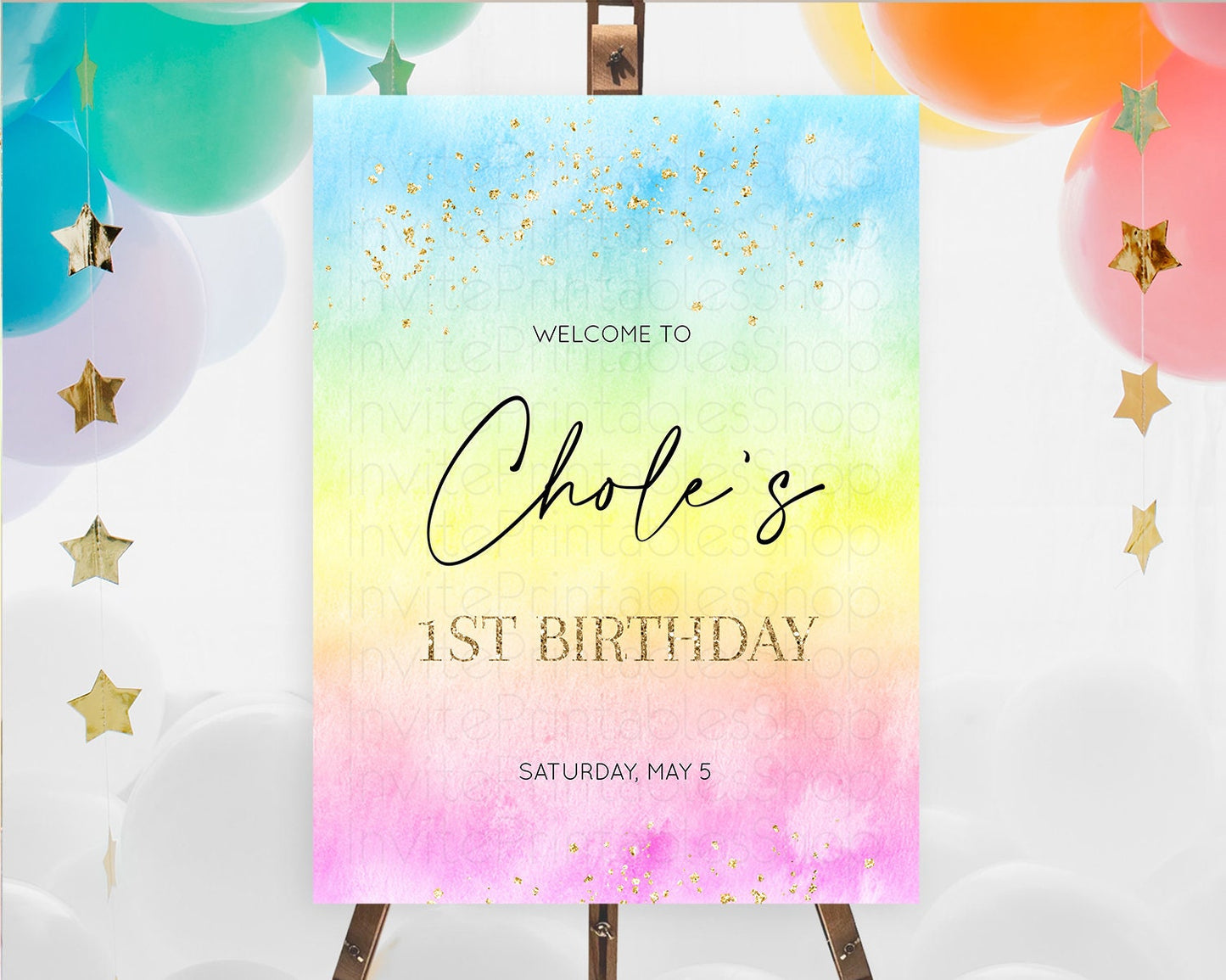 Pastel Welcome Sign Pastel Rainbow Welcome Sign Colorful Rainbow Confetti Watercolor Glitter Pastel First Birthday Welcome Sign D10483