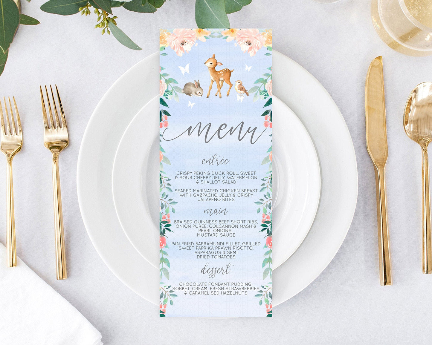 Editable Fawn Menu Deer Menu Template Pastel Floral Deer Table Decor Enchant