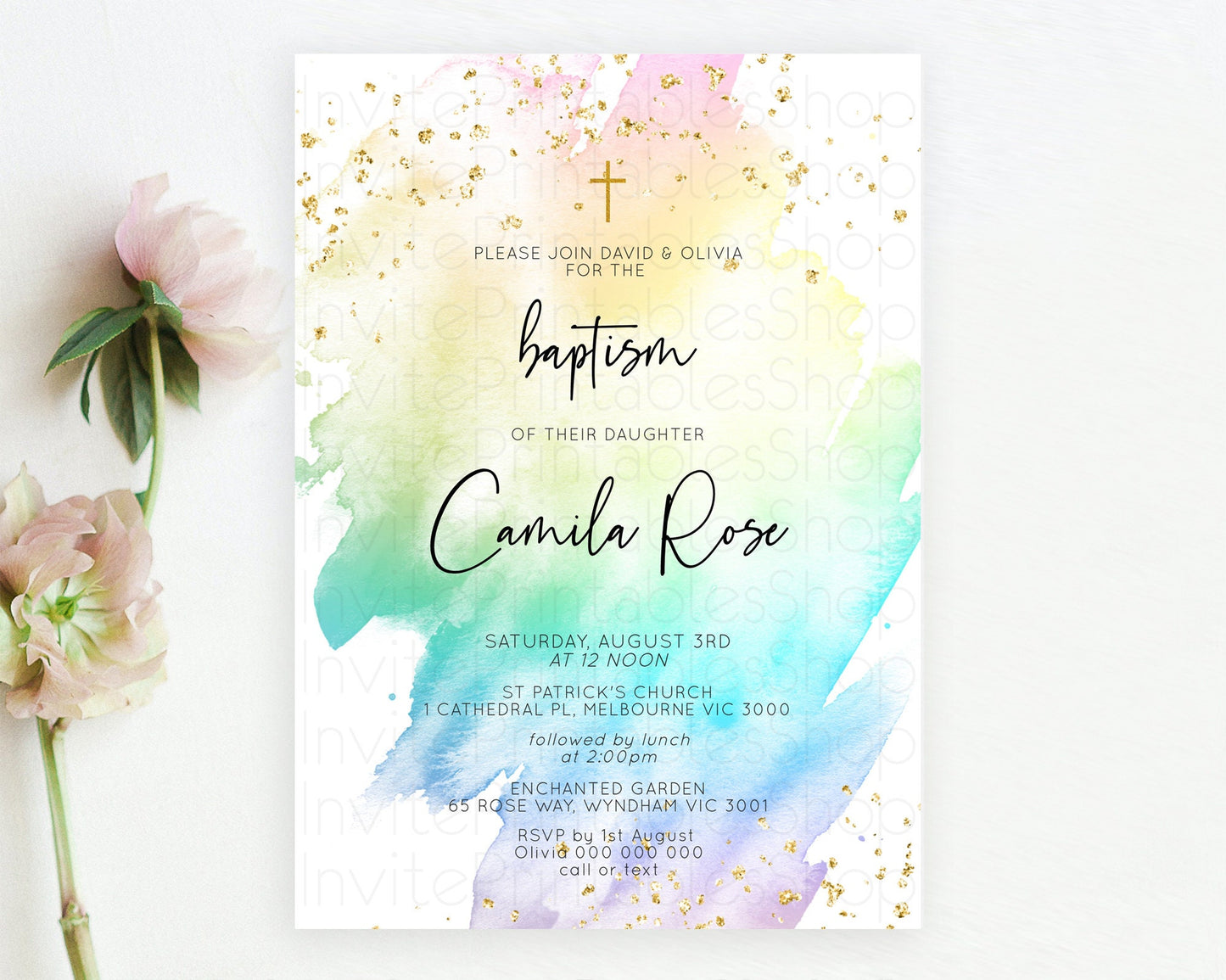 Pastel Baptism Invitation Pastel Colors Watercolor Baptism 1st Birthday Party Gold Ombre Pastel Rainbow Christening Holy Communion D10256