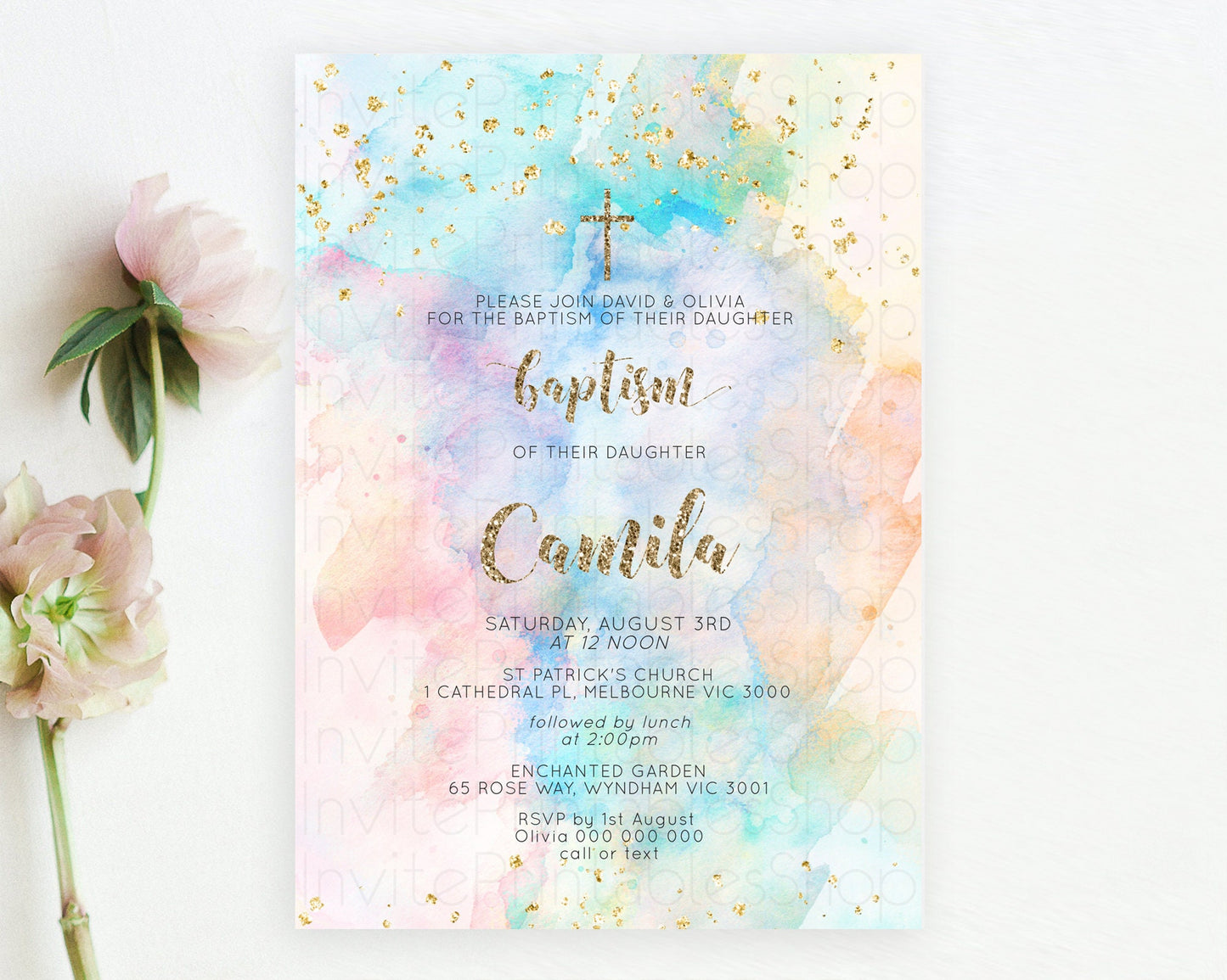 Pastel Baptism Invitation Pastel Colors Watercolor Baptism 1st Birthday Party Gold Ombre Pastel Rainbow Christening Holy Communion D10261