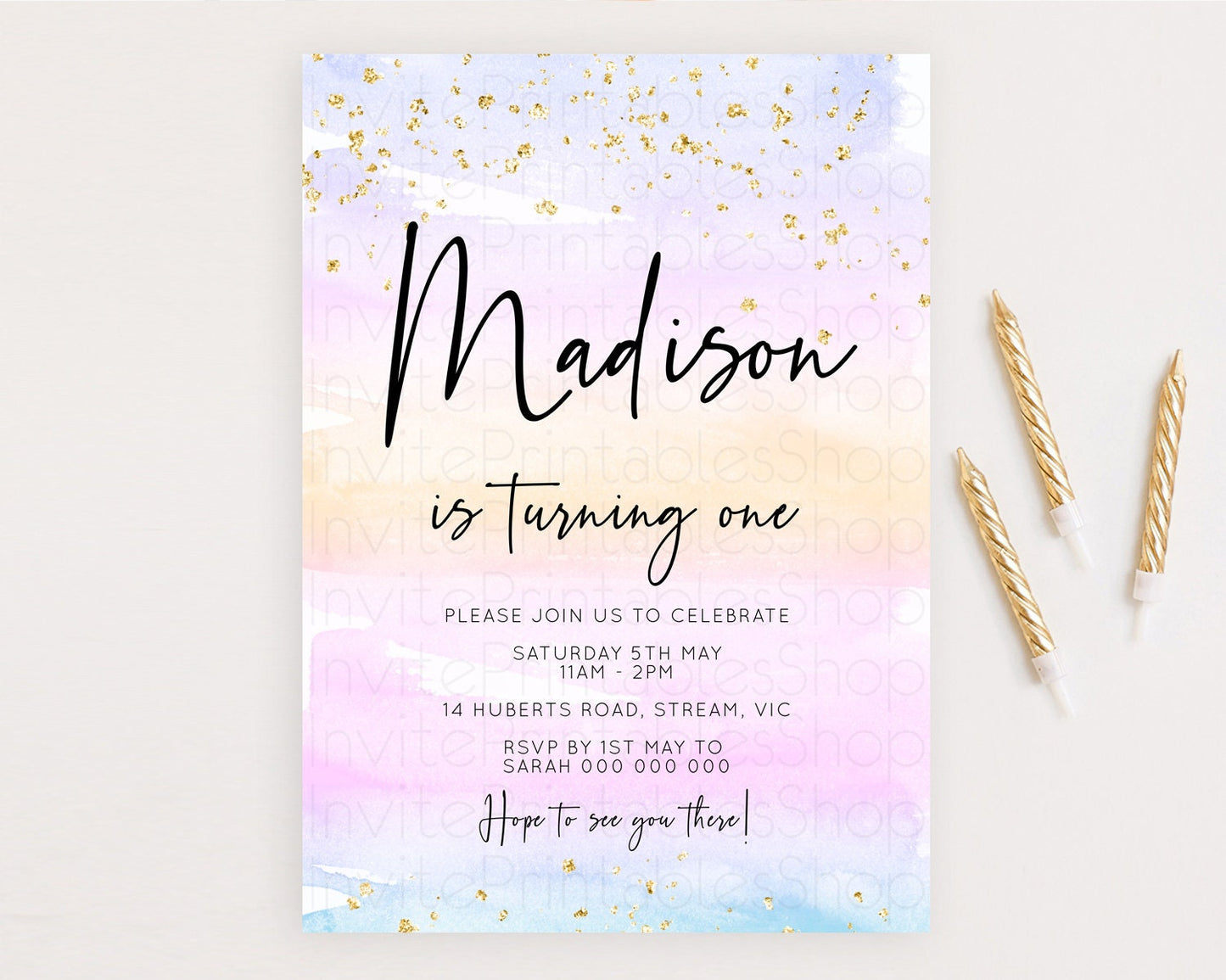 Rainbow Birthday Invitation Colorful Pastel Watercolor Invitation Gold Glitter Sprinkles Ombre Pastel 1st 2nd 3rd Birthday D10594