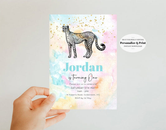 Rainbow Cheetah Birthday Invitation Pastel Cheetah Invite Colorful Cheetah Invite Cheetah Invitation Gold Glitter Sprinkles Invite