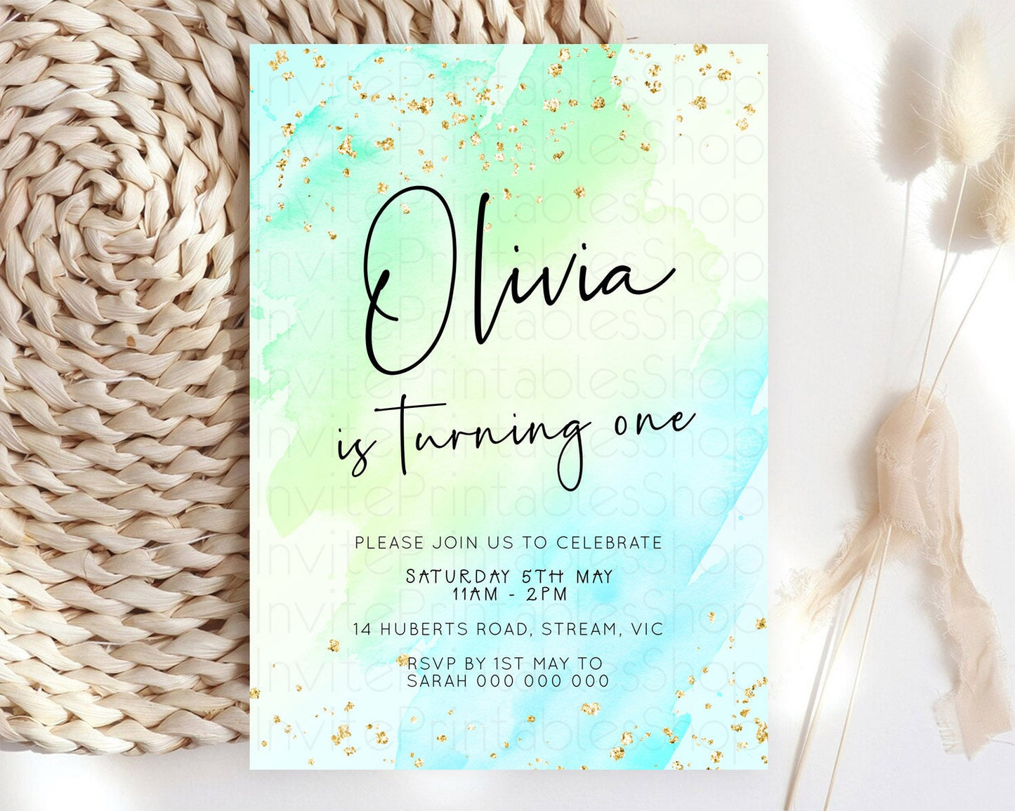 Green Birthday Invitation green Watercolor Invitation Pastel green Watercolor Invitation green Splash Gold Invitation First Birthday D23056