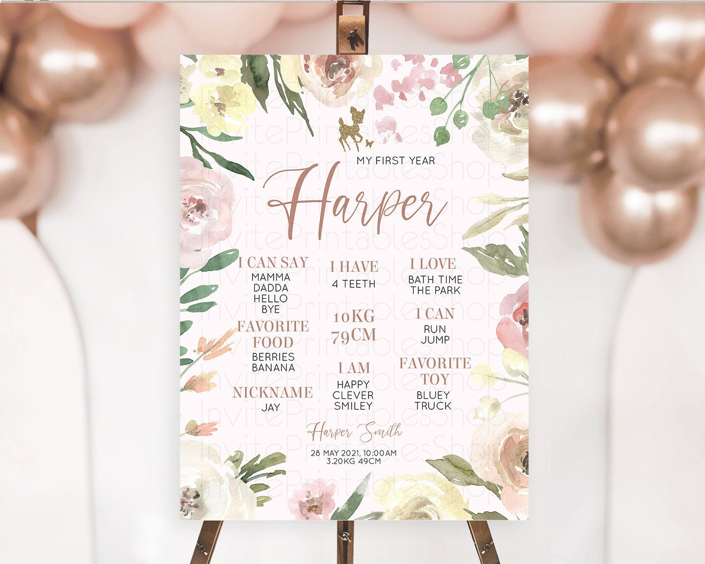 Fawn First Birthday Milestone Board Deer First Birthday Milestone Poster Enchanted Forest Butterfly Pastel Flowers 1st Birthday Sign D10193
