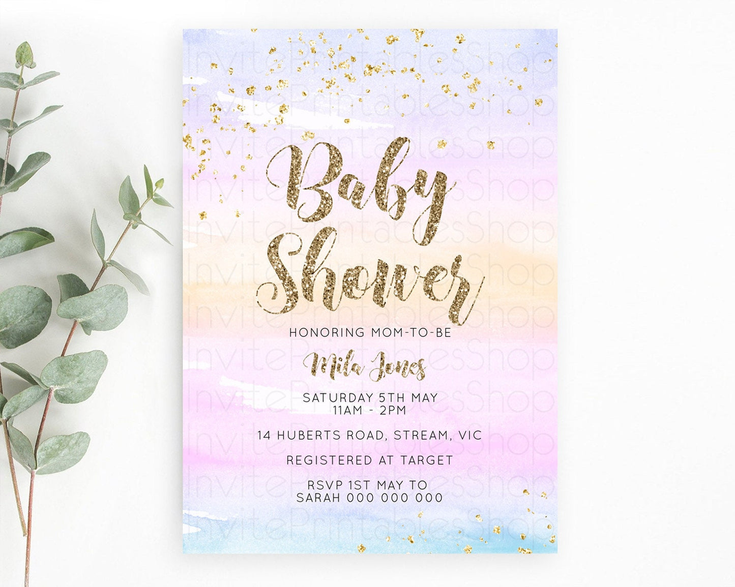 Pastel Baby Shower Invitation Rainbow Baby Shower Invitation Colorful Pastel Watercolor Invitation Gold Glitter Sprinkles Ombre D10595