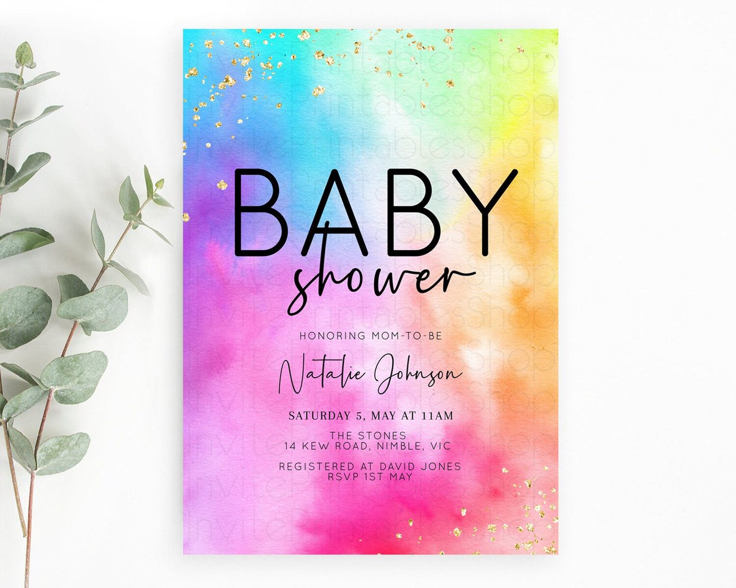 Pastel Baby Shower Invitation Rainbow Baby Shower Invitation Colorful Pastel Watercolor Invitation Gold Glitter Sprinkles Ombre D10456