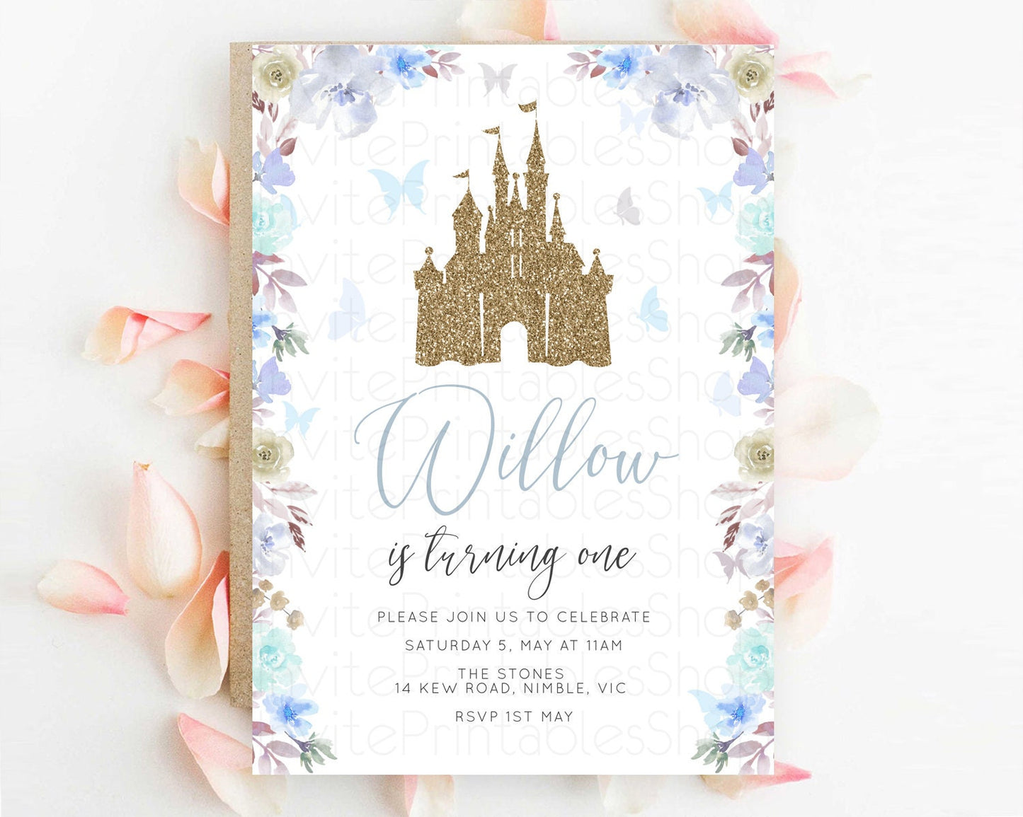 Princess Birthday Invitation Castle Invitation Royal Birthday Fairy Tale Enchanted Castle Pastel Floral Garden 1st First Birthday D10932