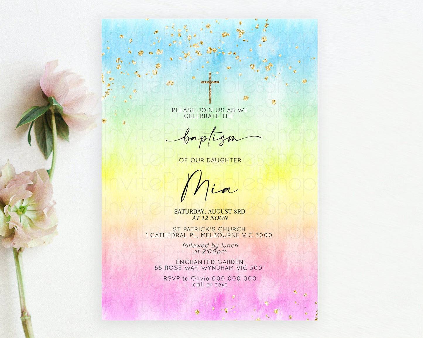 Pastel Baptism Invitation Pastel Colors Watercolor Baptism 1st Birthday Party Gold Ombre Pastel Rainbow Christening Holy Communion D10483