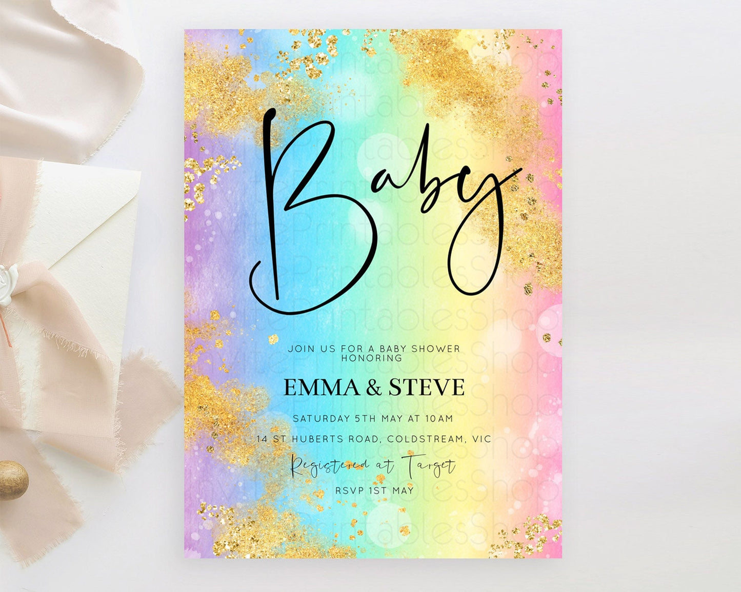 Pastel Baby Shower Invitation Rainbow Baby Shower Invitation Colorful Pastel Watercolor Invitation Gold Glitter Sprinkles Ombre D10559