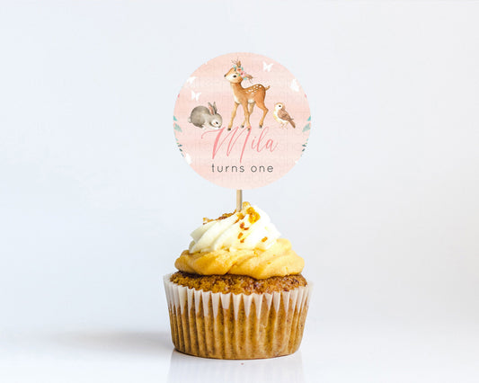 Fawn Cupcake Toppers Deer Cupcake Toppers Enchanted Forest Party Butterfly Pastel Flowers Woofland Cupcake Toppers First Birthday D10921