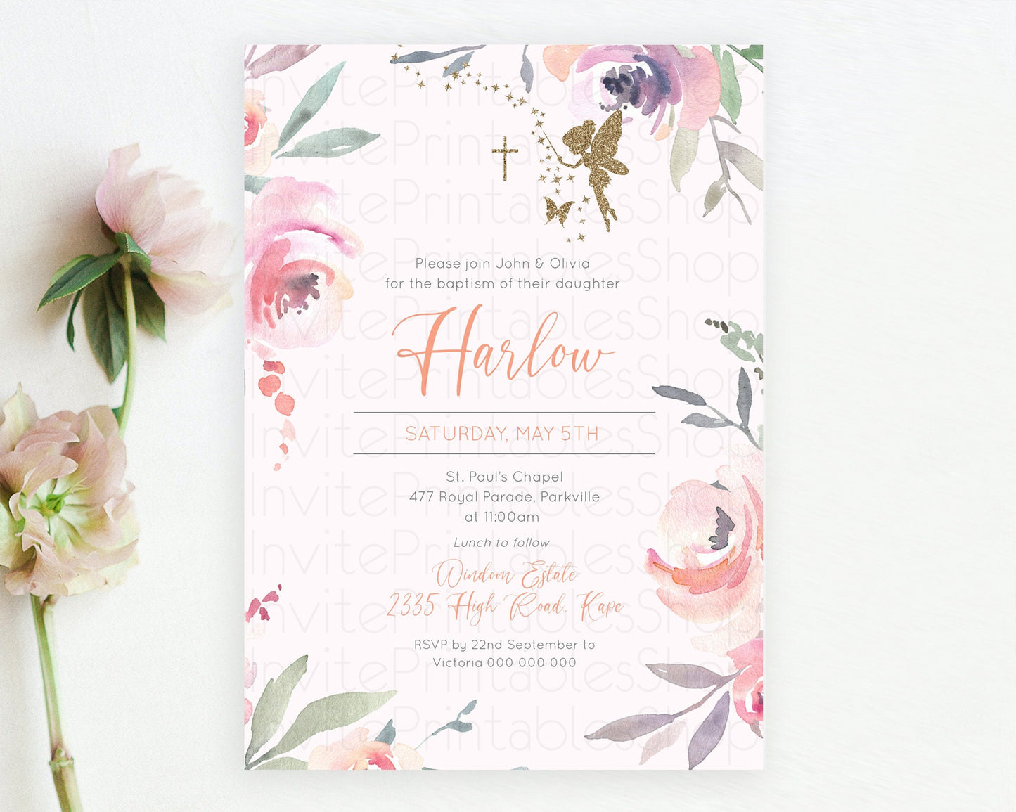 Fairy Baptism Invitation Fairy Baptism 1st Birthday Invitation Enchanted Secret Garden Christening Invite Pastel Floral Butterfly D10197