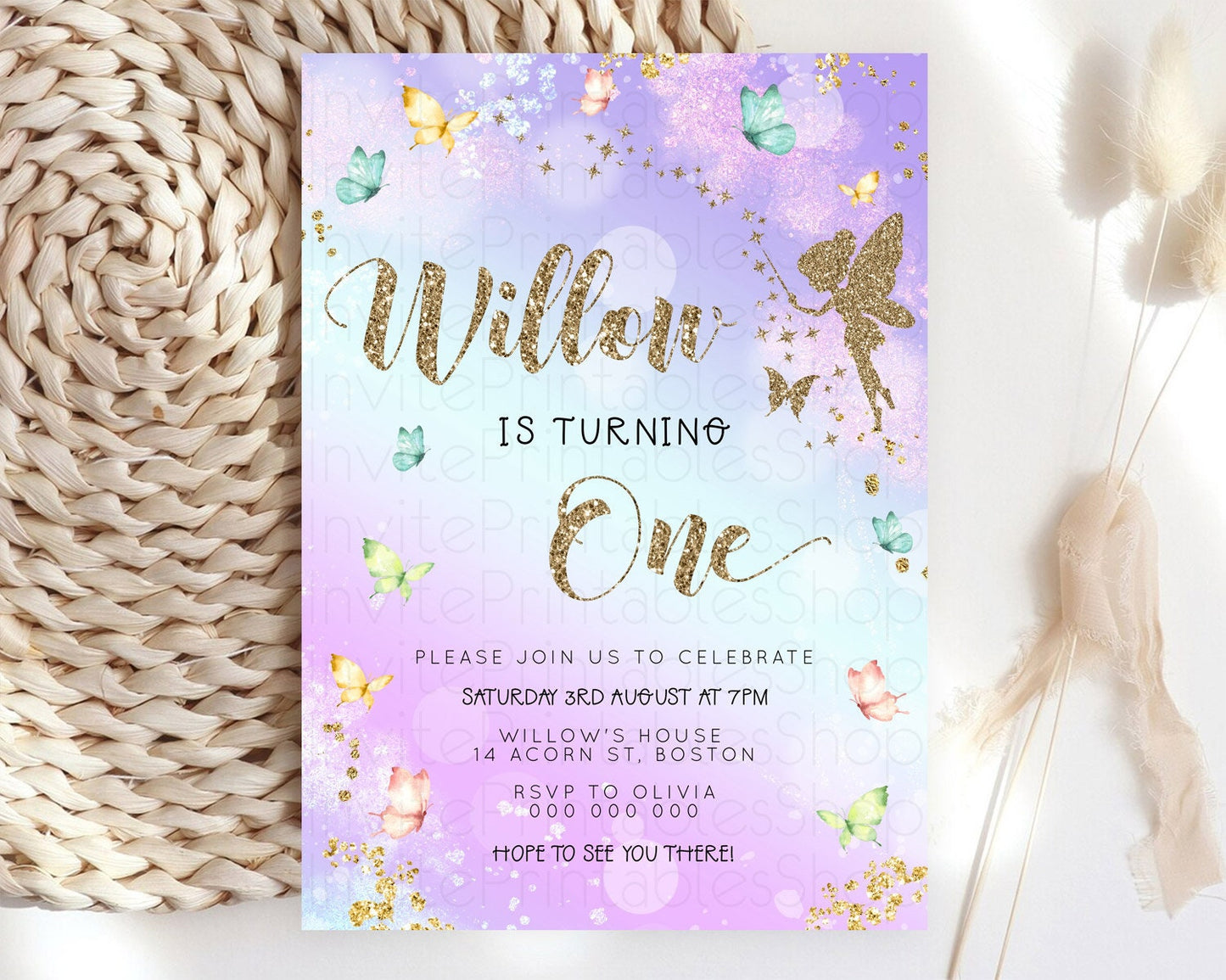 Pastel Fairy Birthday Invitation Pastel Butterflies Fairy Birthday Invitation Rainbow Ombre Watercolor 1st 2nd Birthday Invitation D23166