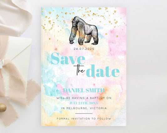 Pastel Gorilla Save The Date Template Rainbow Watercolor Gorilla Party Save The Date Colorful Gorilla Birthday Baptism Baby Shower D10284