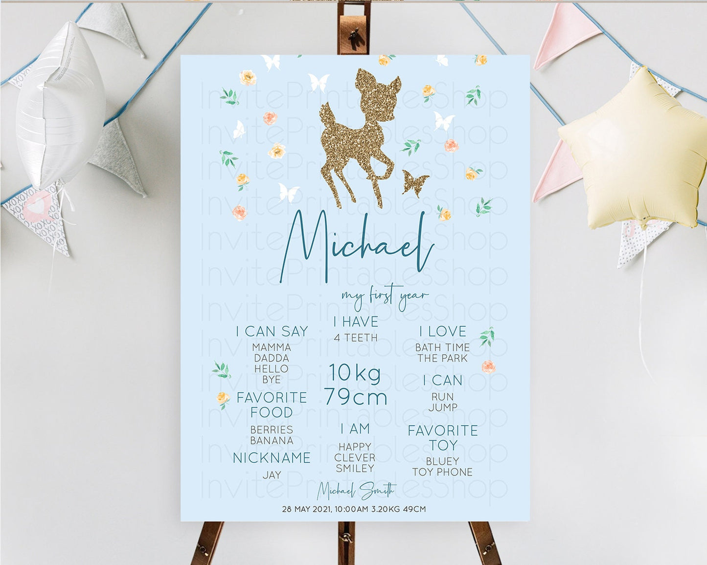 Fawn First Birthday Milestone Board Deer First Birthday Milestone Poster Enchanted Forest Butterfly Pastel Flowers 1st Birthday Sign D10902