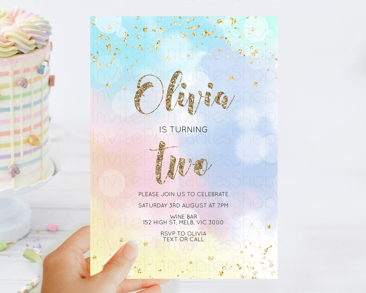 Rainbow Birthday Invitation Colorful Pastel Watercolor Invitation Gold Glitter Sprinkles Ombre Pastel 1st 2nd 3rd Birthday D10367