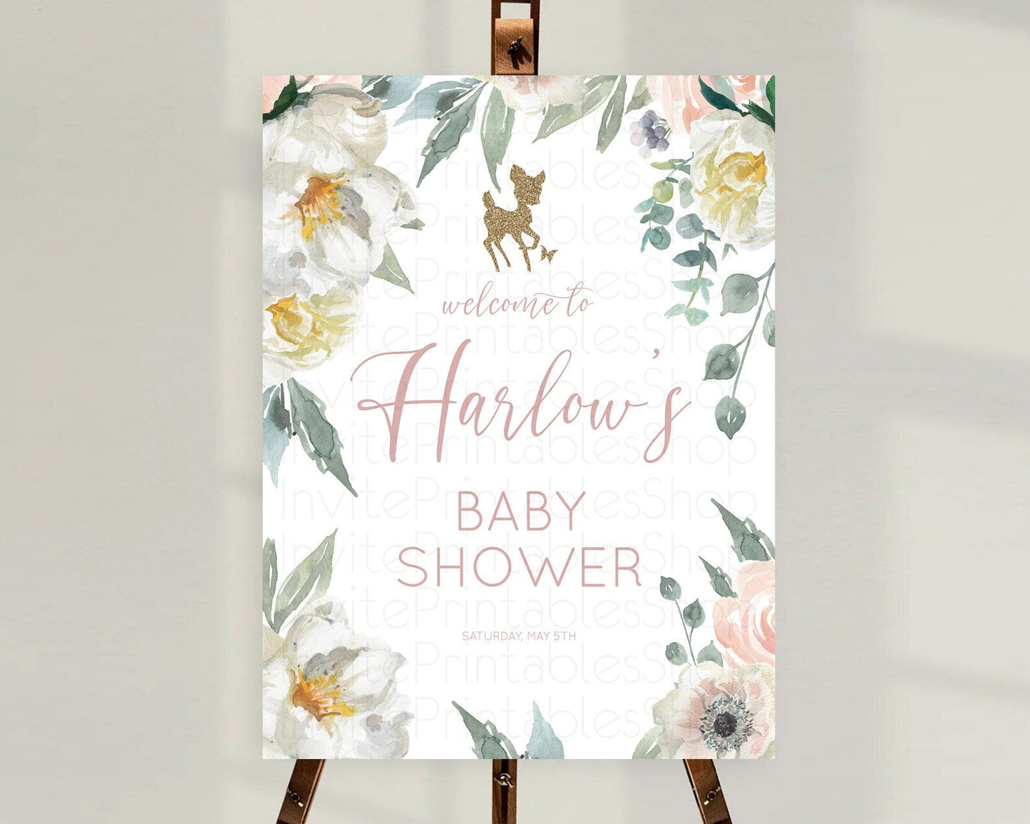 Fawn Baby Shower Welcome Sign Deer Welcome Board Floral Deer Welcome Poster Enchanted Forest Butterfly Pastel Floral Welcome Sign D10120