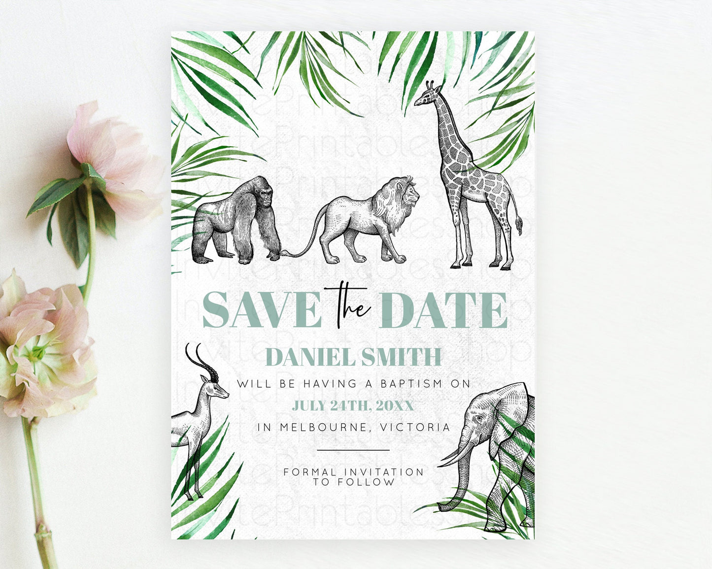 Safari Save The Date Template Lion Gorilla Elephant Rhino Animals Party Tropical Palm Zoo Theme For 1st Birthday Baptism Baby Shower D10853