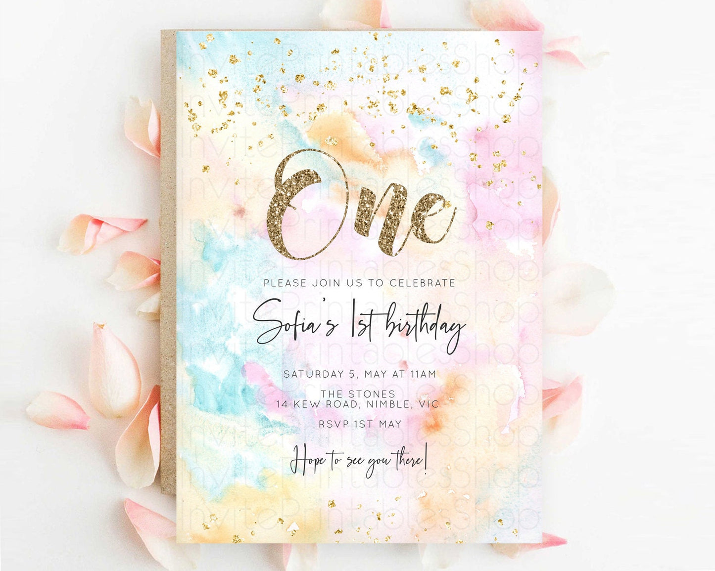 Rainbow Birthday Invitation Colorful Pastel Watercolor Invitation Gold Glitter Sprinkles Ombre Pastel 1st 2nd 3rd Birthday D10548