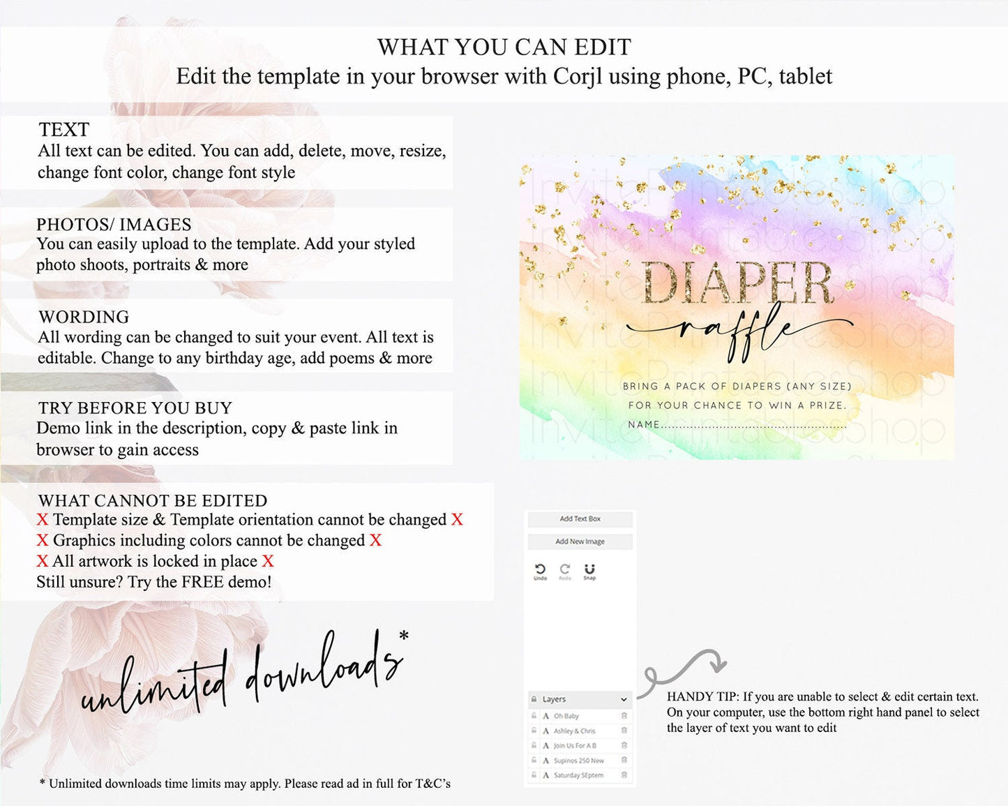 Pastel Diaper Raffle Card Pastel Rainbow Diaper Raffle Insert Colorful Ombre Watercolor Diaper Ticket Confetti Glitter Raffle Game D10645